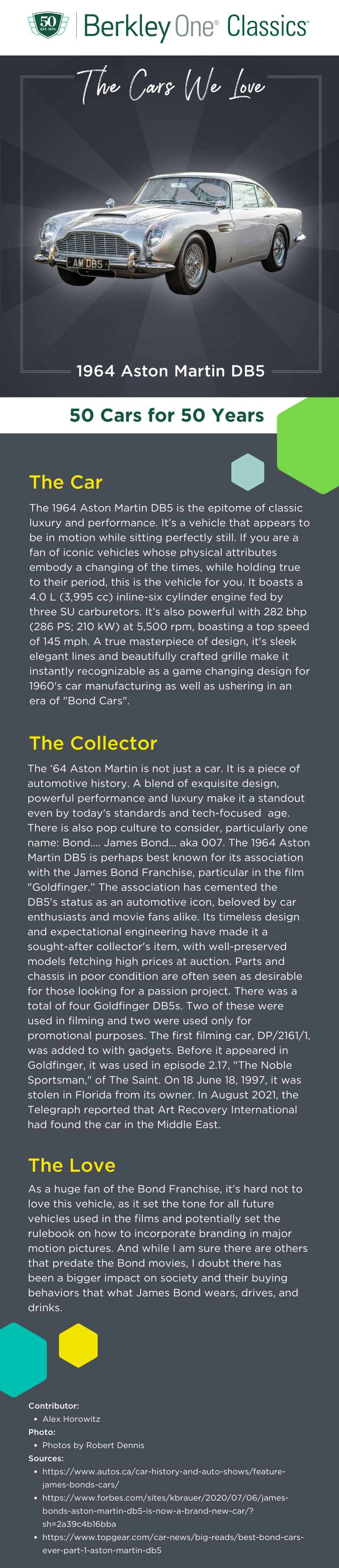 An infographic describing the 1964 Aston Martin DB5 and the reasons we love it. 