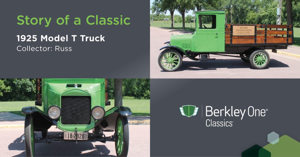 Graphic with 2 photos of a bright green 1925 Model T Truck