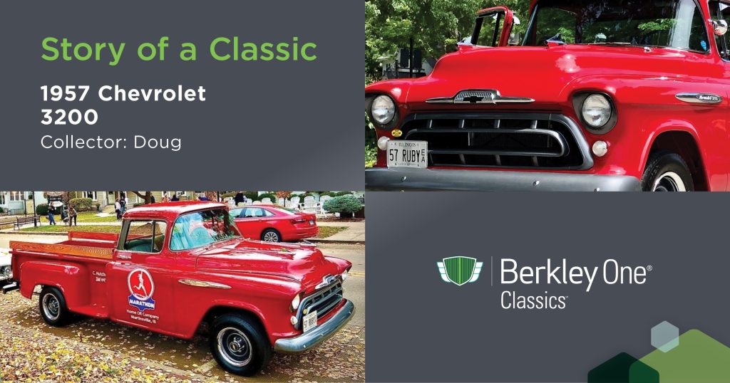  A graphic showing off two different angles of a red 1957 Chevrolet 3200 