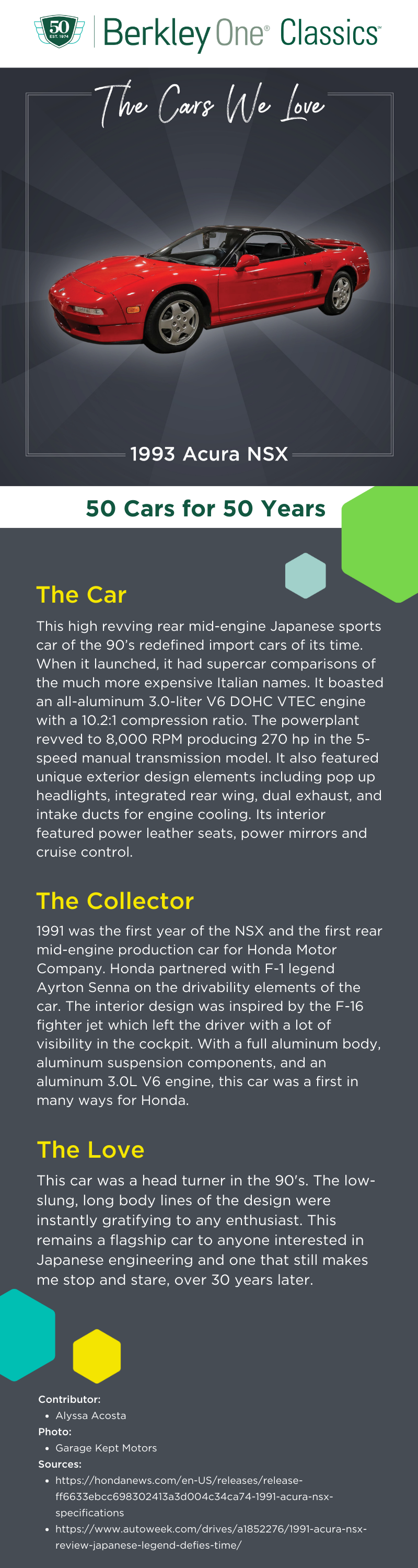 An infographic describing the Acura NSX and the reasons we love it. 