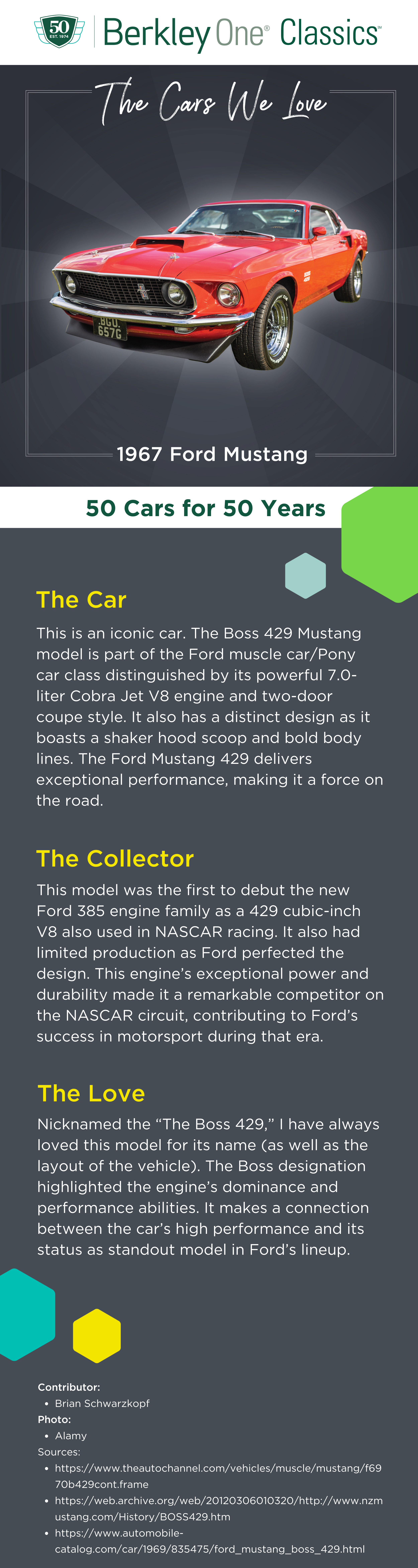 An infographic describing the 1967 Ford Mustang 429 and the reasons we love it.