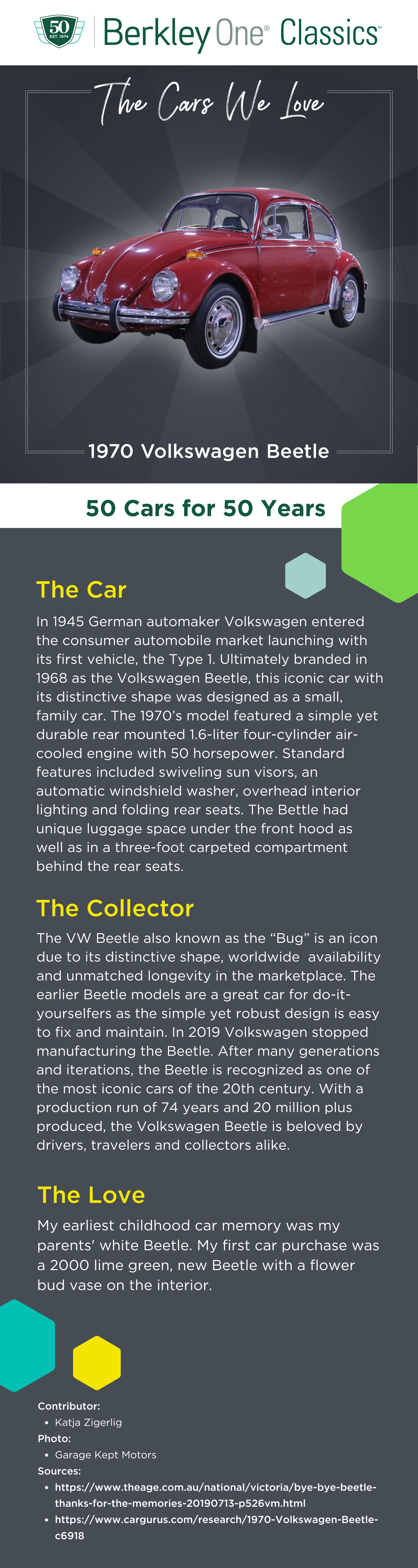 And infographic describing the 1970 Volkswagen Beetle and the reasons we love it. 