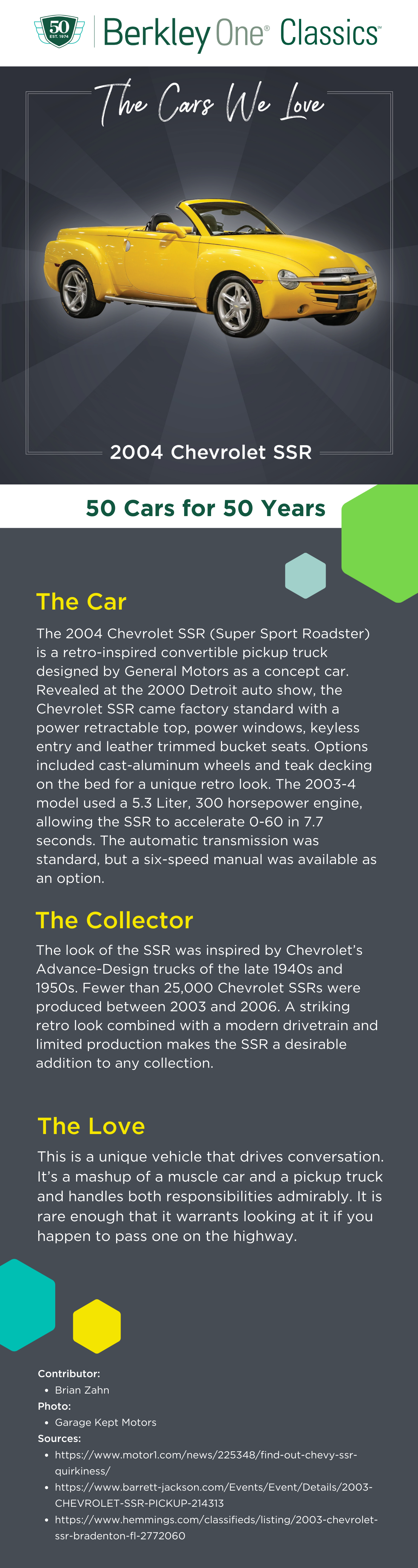 An infographic describing the Chevrolet SSR and the reasons we love it. 