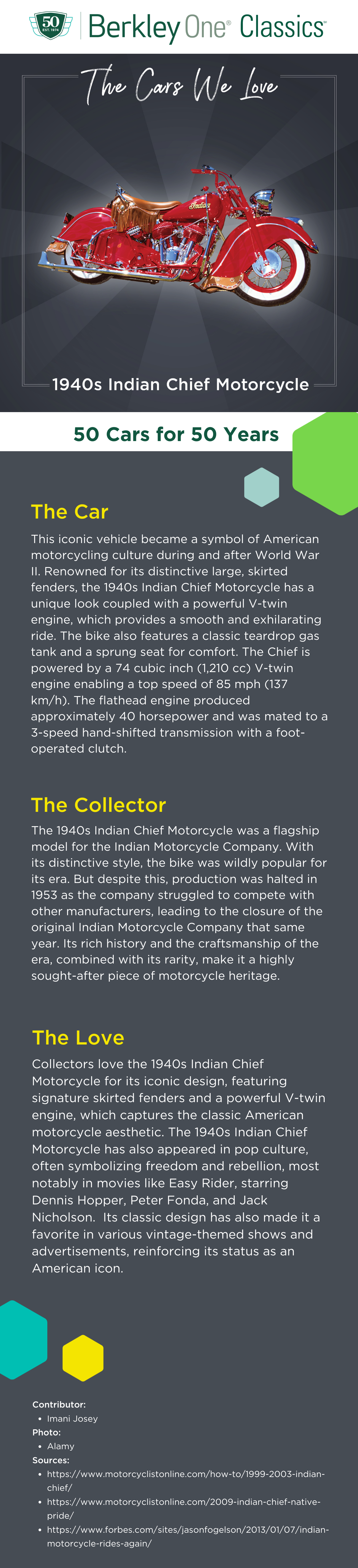 An infographic describing the 1940s Indian Chief Motorcycle and the reasons we love it. 