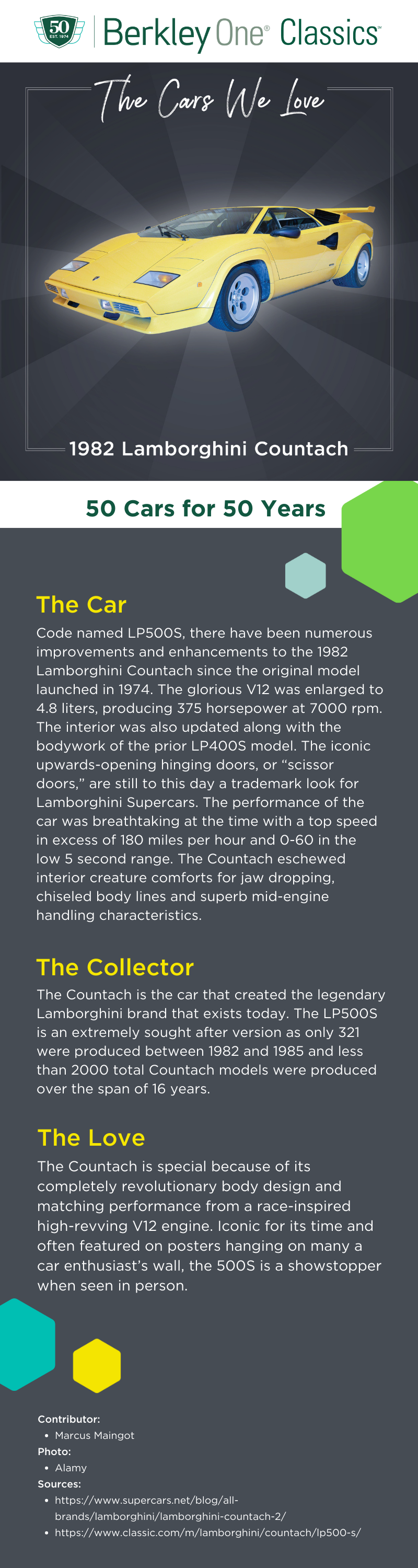 An infographic describing the 1982 Lamborghini Countach LP500S and the reasons we love it. 