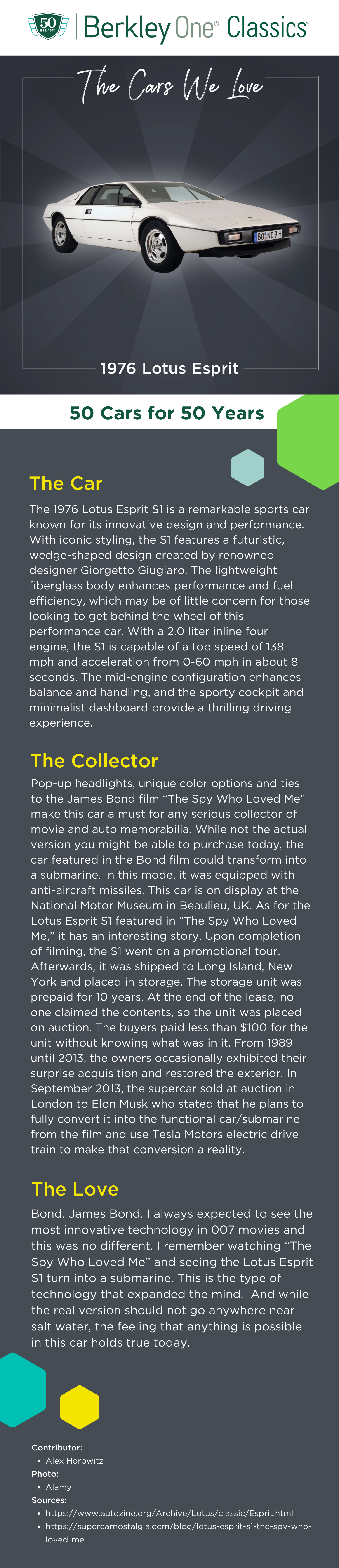 An infographic describing the Lotus Espirit and the reasons we love it. 