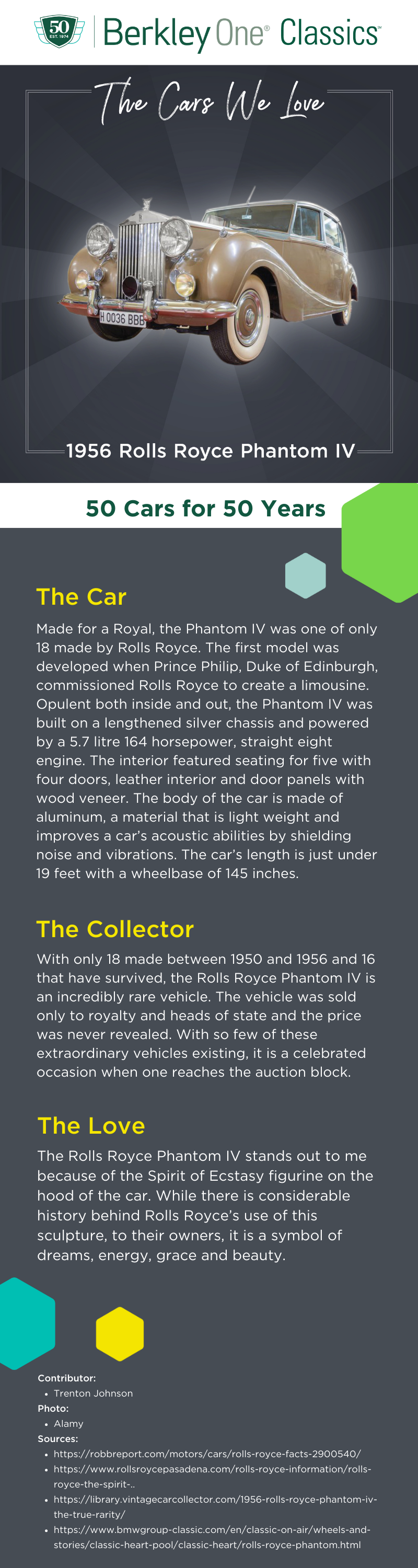 An infographic describing the 1956 Rolls Royce Phantom IV and the reasons we love it. 