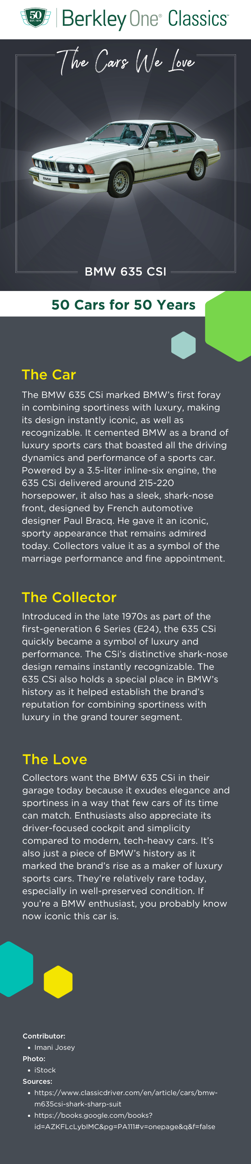 An infographic describing the BMW 635 CSI and the reasons we love it. 