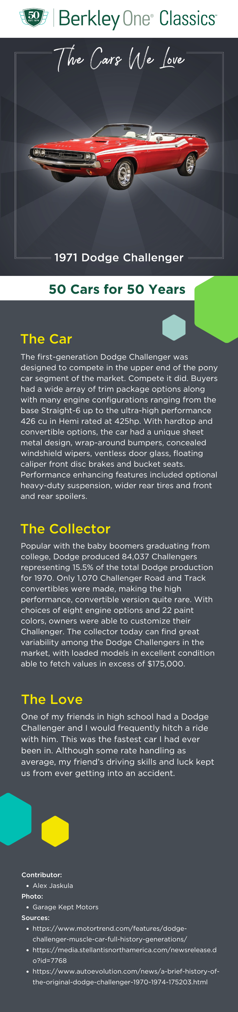 An infographic describing the 1970s Dodge Challenger and the reasons we love it. 