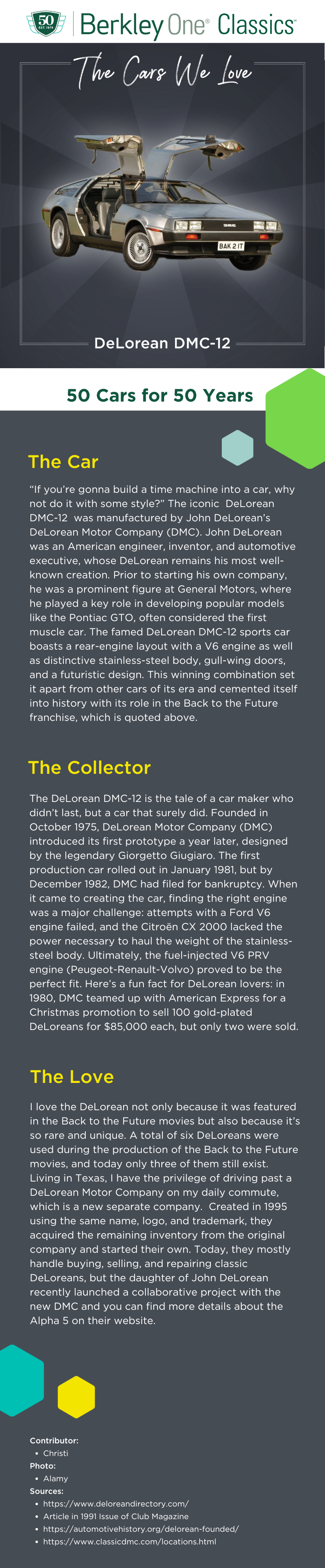 An infographic describing the DeLorean DMC-12 and the reasons we love it. 