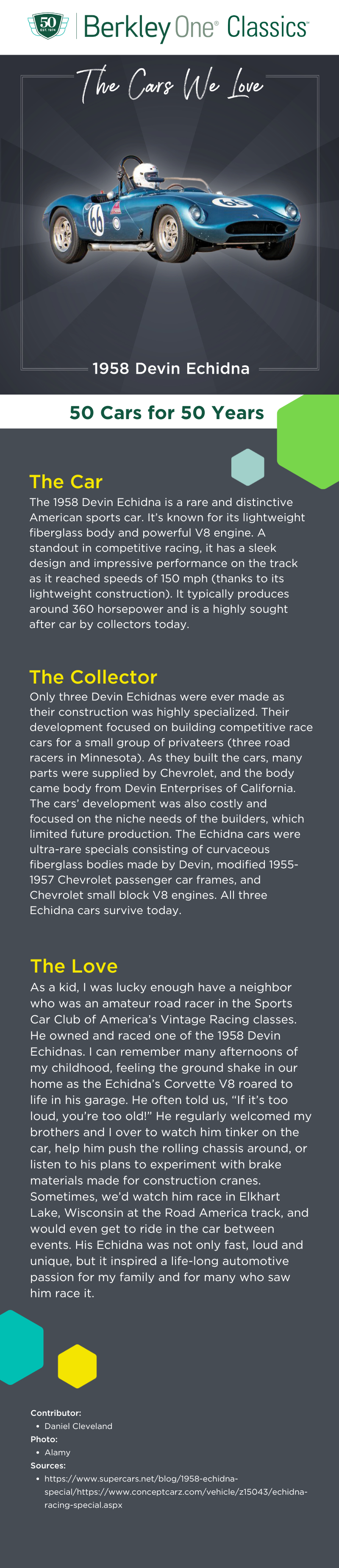 An infographic describing the 1958 Devin Echidna and the reasons we love it. 