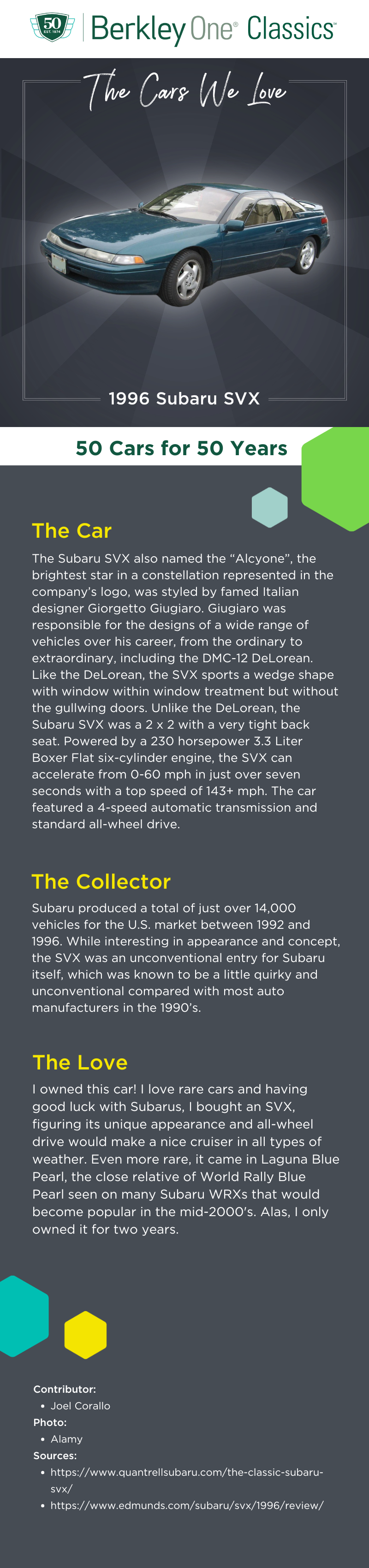 An infographic describing the 1996 Subaru SVX and the reasons we love it. 