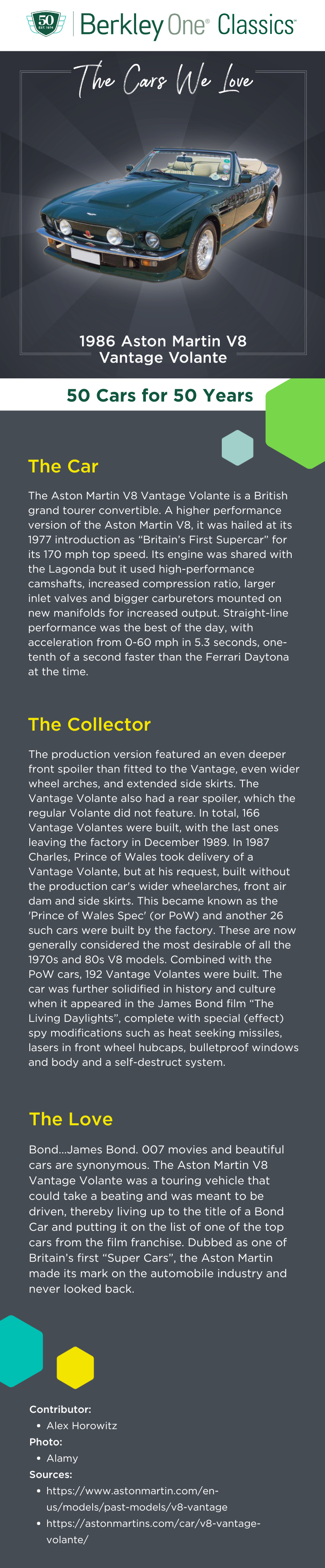 An infographic describing the 1986 Aston Martin V8 Vantage Volante and the reasons we love it. 