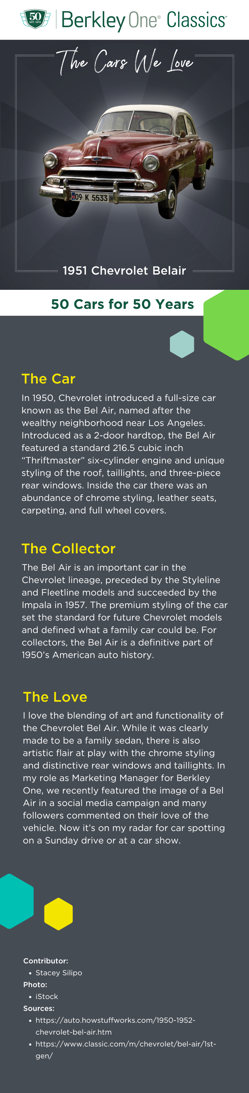 An infographic describing the 1950s Chevrolet Belair and the reasons we love it. 