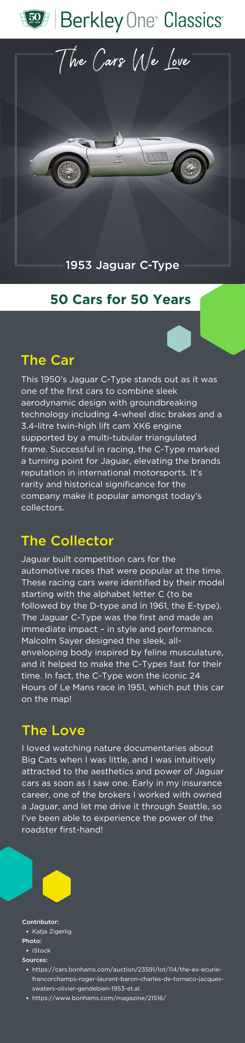 An infographic describing the 1950s Jaguar C-Type and the reasons we love it. 