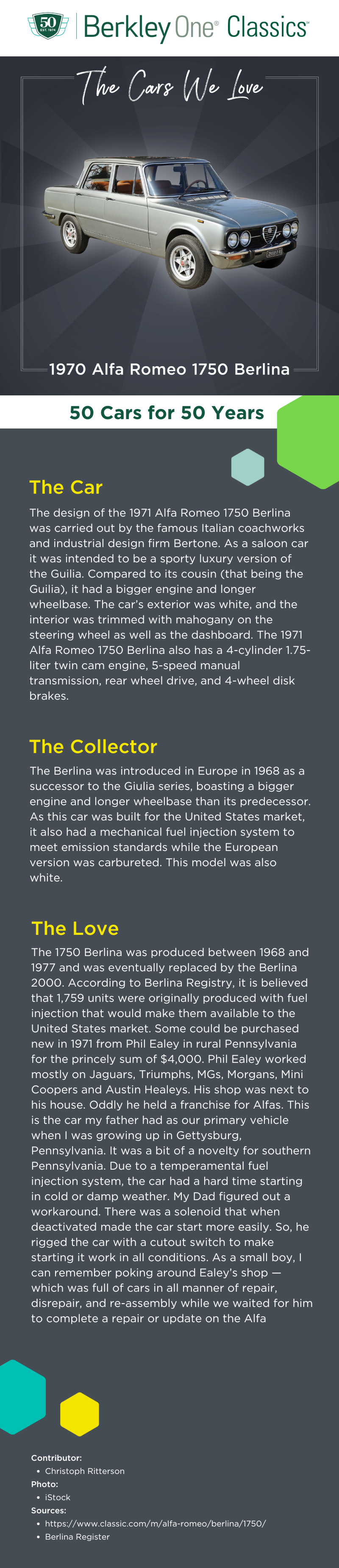 An infographic describing the 1971 Alfa Romeo 1750 Berlina and the reasons we love it. 