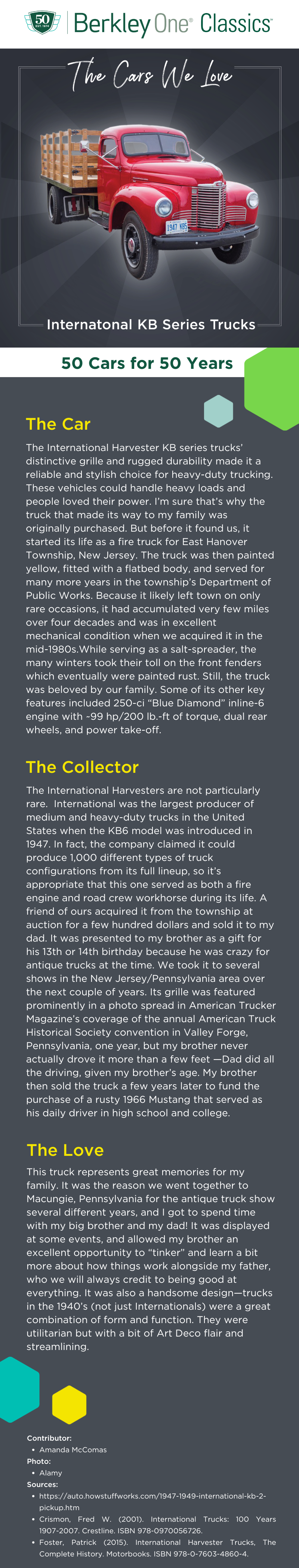 An infographic describing the International Harvester KB Series trucks and the reasons we love them. 