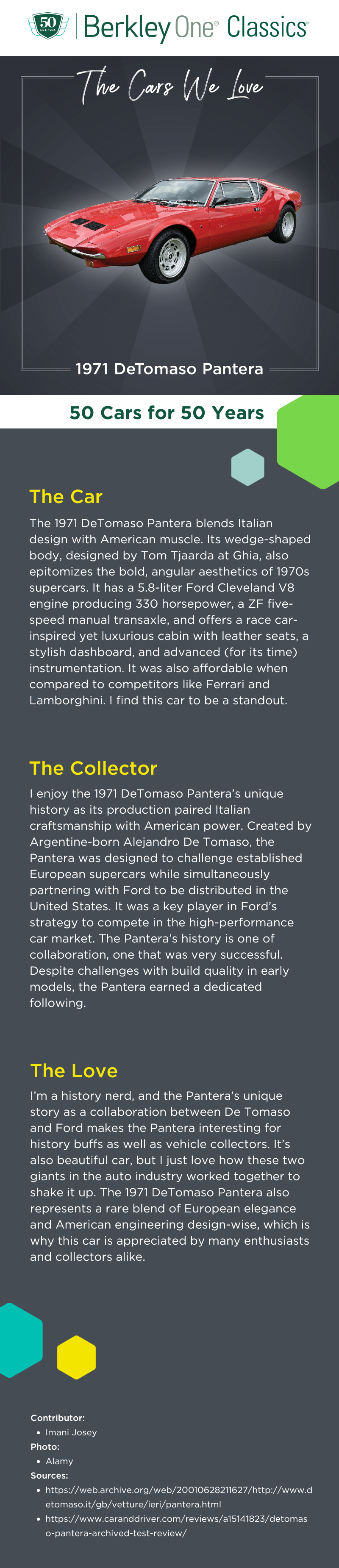 An infographic describing the DeTomaso Pantera and the reasons we love it. 